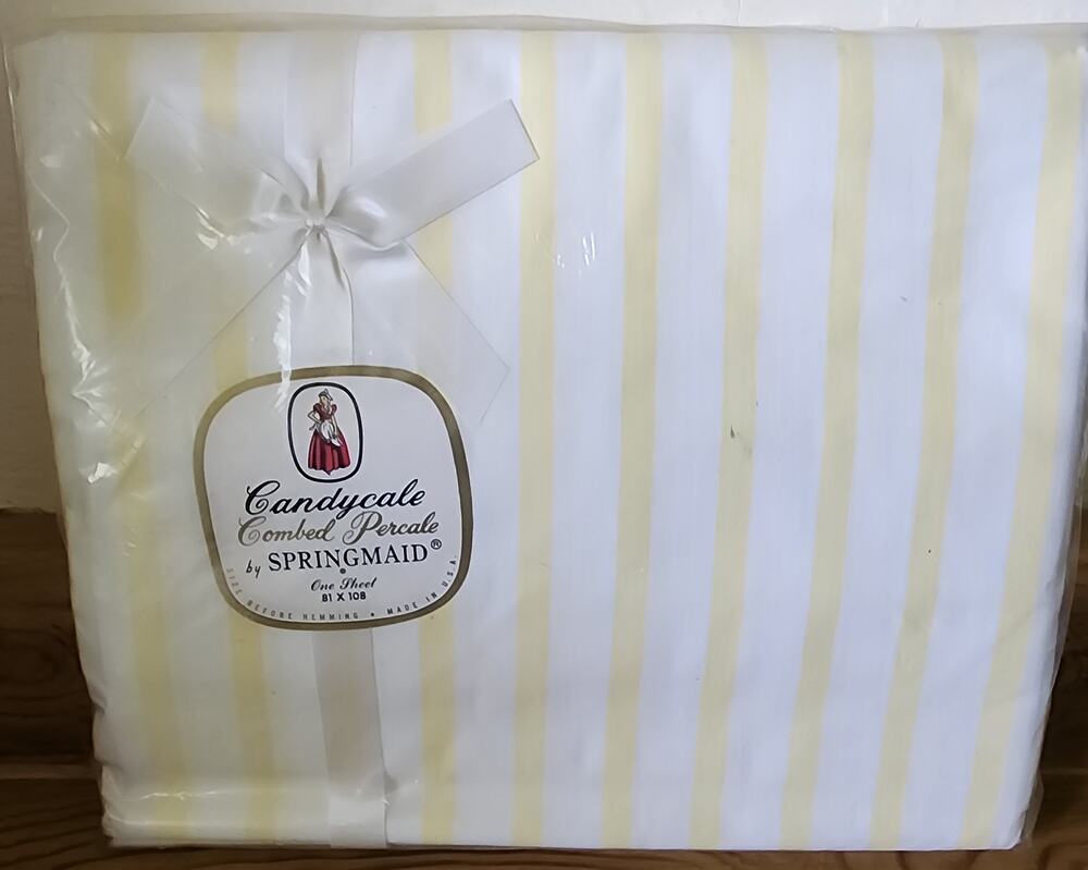 NOS Vintage Springmaid Candycale Combed Percale Flat Sheet 81x108 Yellow White